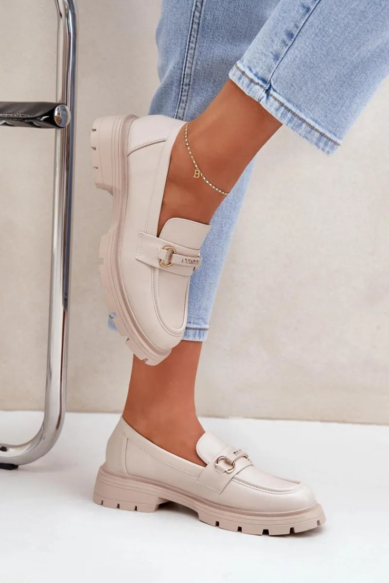 Sale Klasyczne Mokasyny Damskie Z Eko Skóry Beżowe Savethira Damskie Loafersy Damskie|Mokasyny Płaskie