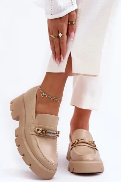 Klasyczne Mokasyny Na Masywnej Platformie Beżowe Catch Me! Damskie Mokasyny Damskie Skórzane|Mokasyny Na Platformie
