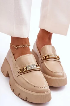 Klasyczne Mokasyny Na Masywnej Platformie Beżowe Catch Me! Damskie Mokasyny Damskie Skórzane|Mokasyny Na Platformie