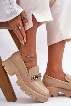 Klasyczne Mokasyny Na Masywnej Platformie Beżowe Catch Me! Damskie Mokasyny Damskie Skórzane|Mokasyny Na Platformie