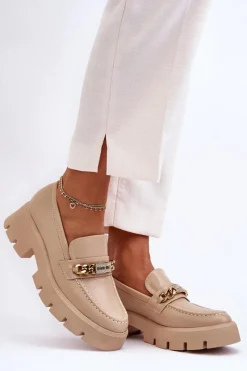 Klasyczne Mokasyny Na Masywnej Platformie Beżowe Catch Me! Damskie Mokasyny Damskie Skórzane|Mokasyny Na Platformie