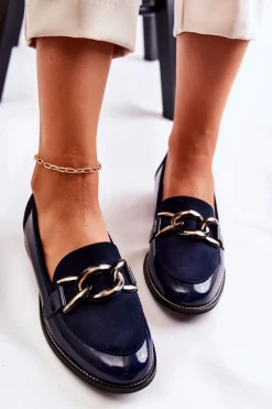 Discount Laura Messi Klasyczne Mokasyny Z Łańcuchem 2531 Granatowe