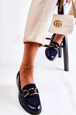 Discount Laura Messi Klasyczne Mokasyny Z Łańcuchem 2531 Granatowe