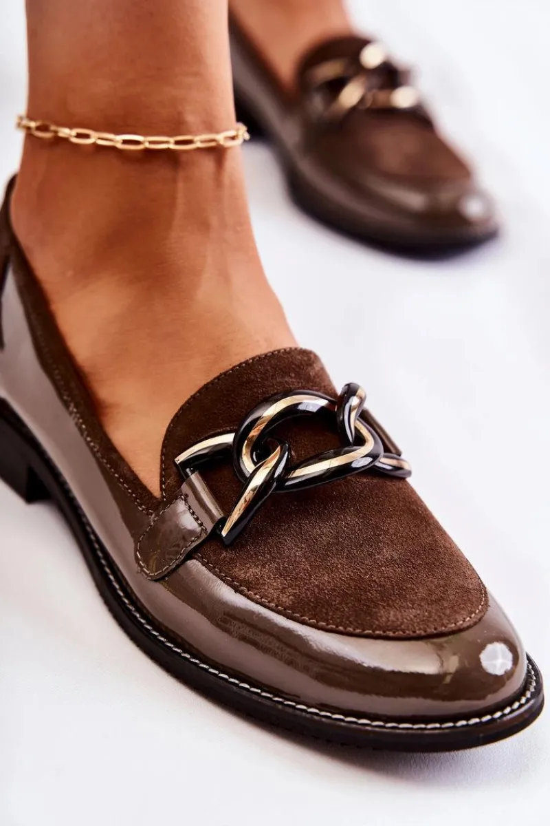 Mokasyny Damskie Lakierowane|Mokasyny Damskie Zamszowe>Laura Messi Klasyczne Mokasyny Z Łańcuchem 2531 Brązowe