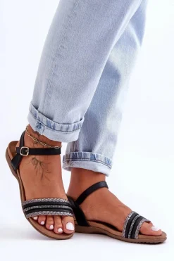 New Klasyczne Płaskie Sandały Damskie Czarne S.Barski 6708 Damskie Sandały Płaskie