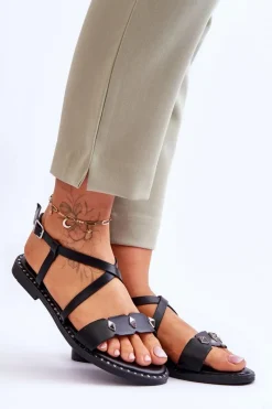 New Klasyczne Sandałki Z Ćwiekami S.Barski KV-YXD072-1 Czarne Damskie Sandały Płaskie