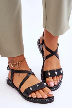 New Klasyczne Sandałki Z Ćwiekami S.Barski KV-YXD072-1 Czarne Damskie Sandały Płaskie