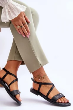 New Klasyczne Sandałki Z Ćwiekami S.Barski KV-YXD072-1 Czarne Damskie Sandały Płaskie