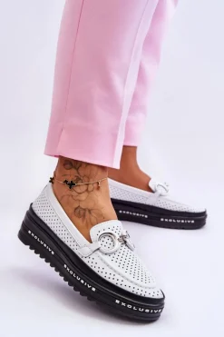 Sale Klasyczne Skórzane Ażurowe Mokasyny Z Ozdobą Białe Rendy Damskie Loafersy Damskie|Mokasyny Damskie Skórzane