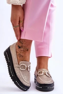 Loafersy Damskie|Mokasyny Damskie Skórzane>Damskie buty S.Barski Klasyczne Skórzane Ażurowe Mokasyny Z Ozdobą Złote Rendy