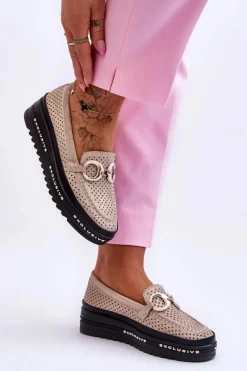 Loafersy Damskie|Mokasyny Damskie Skórzane>Damskie buty S.Barski Klasyczne Skórzane Ażurowe Mokasyny Z Ozdobą Złote Rendy