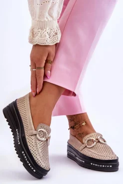 Loafersy Damskie|Mokasyny Damskie Skórzane></noscript>Damskie buty S.Barski Klasyczne Skórzane Ażurowe Mokasyny Z Ozdobą Złote Rendy