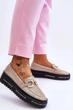 Loafersy Damskie|Mokasyny Damskie Skórzane></noscript>Damskie buty S.Barski Klasyczne Skórzane Ażurowe Mokasyny Z Ozdobą Złote Rendy