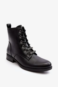 Discount Klasyczne Skórzane Damskie Ocieplane Botki S.Barski HY75-10 Czarne Damskie Botki Sznurowane|Czarne Botki