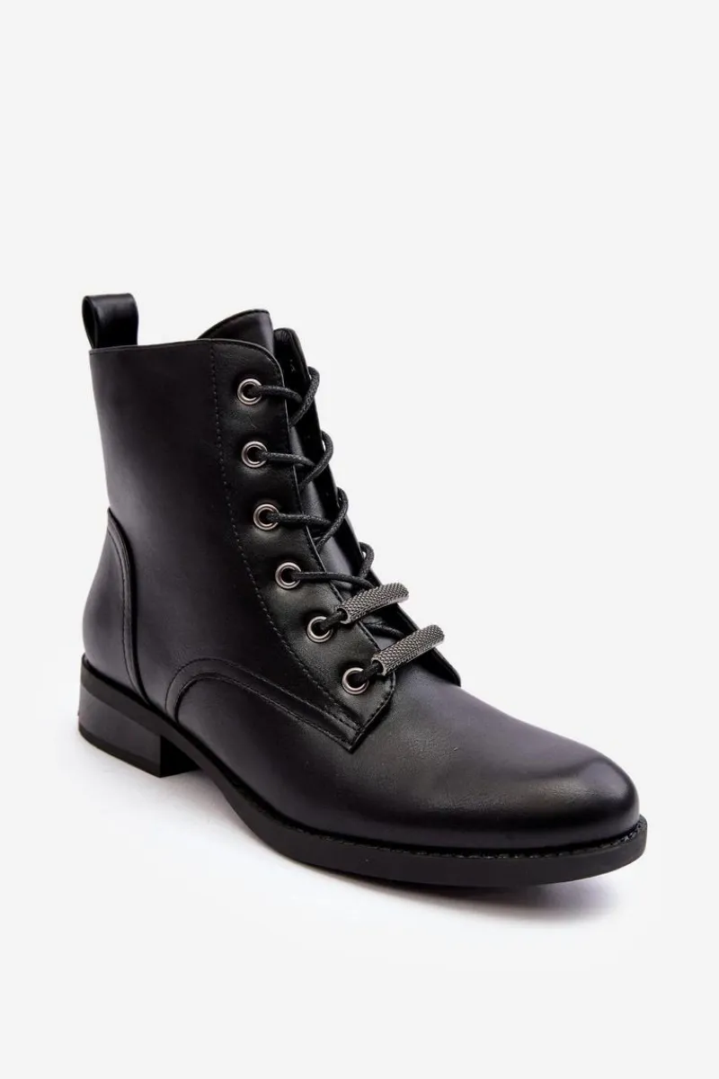 Discount Klasyczne Skórzane Damskie Ocieplane Botki S.Barski HY75-10 Czarne Damskie Botki Sznurowane|Czarne Botki