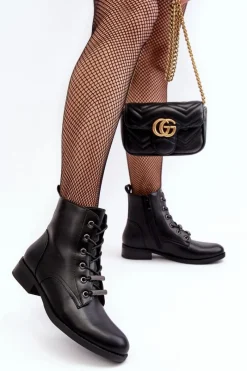 Discount Klasyczne Skórzane Damskie Ocieplane Botki S.Barski HY75-10 Czarne Damskie Botki Sznurowane|Czarne Botki