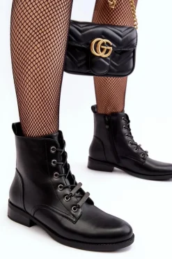 Discount Klasyczne Skórzane Damskie Ocieplane Botki S.Barski HY75-10 Czarne Damskie Botki Sznurowane|Czarne Botki