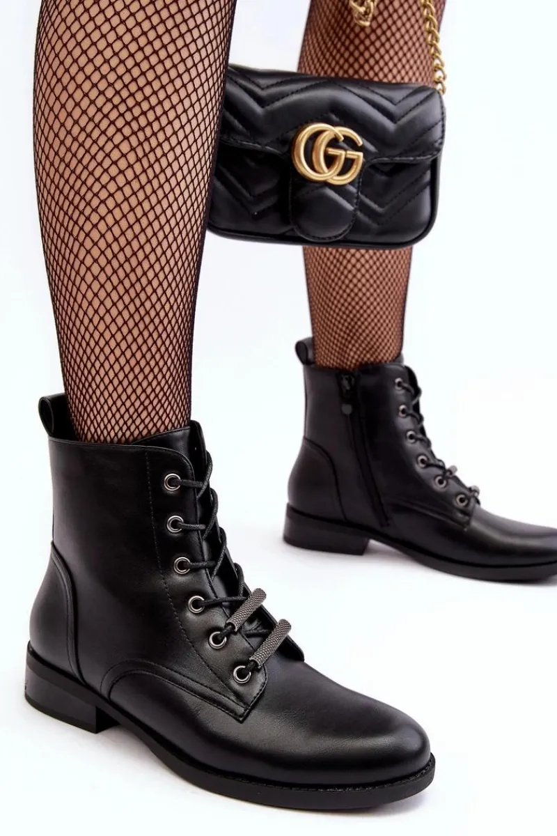 Discount Klasyczne Skórzane Damskie Ocieplane Botki S.Barski HY75-10 Czarne Damskie Botki Sznurowane|Czarne Botki