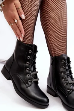 Discount Klasyczne Skórzane Damskie Ocieplane Botki S.Barski HY75-10 Czarne Damskie Botki Sznurowane|Czarne Botki