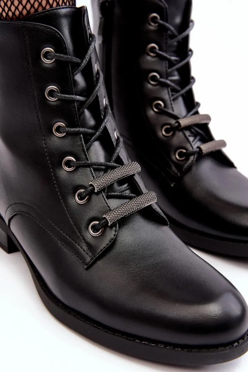 Discount Klasyczne Skórzane Damskie Ocieplane Botki S.Barski HY75-10 Czarne Damskie Botki Sznurowane|Czarne Botki