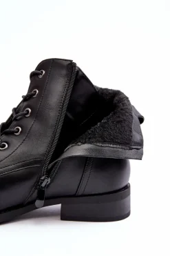 Discount Klasyczne Skórzane Damskie Ocieplane Botki S.Barski HY75-10 Czarne Damskie Botki Sznurowane|Czarne Botki