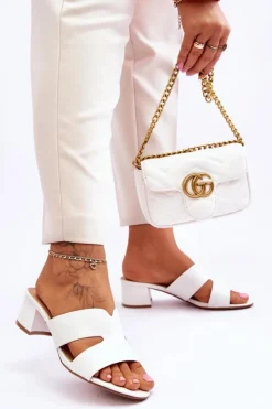 Clearance Klasyczne Skórzane Klapki Na Niskim Obcasie Białe Miley Damskie Klapki Na Obcasie|Klapki Damskie Klasyczne