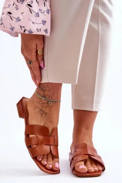 Klapki Damskie Klasyczne>Boto Klasyczne Skórzane Klapki Damskie Camel Fendy