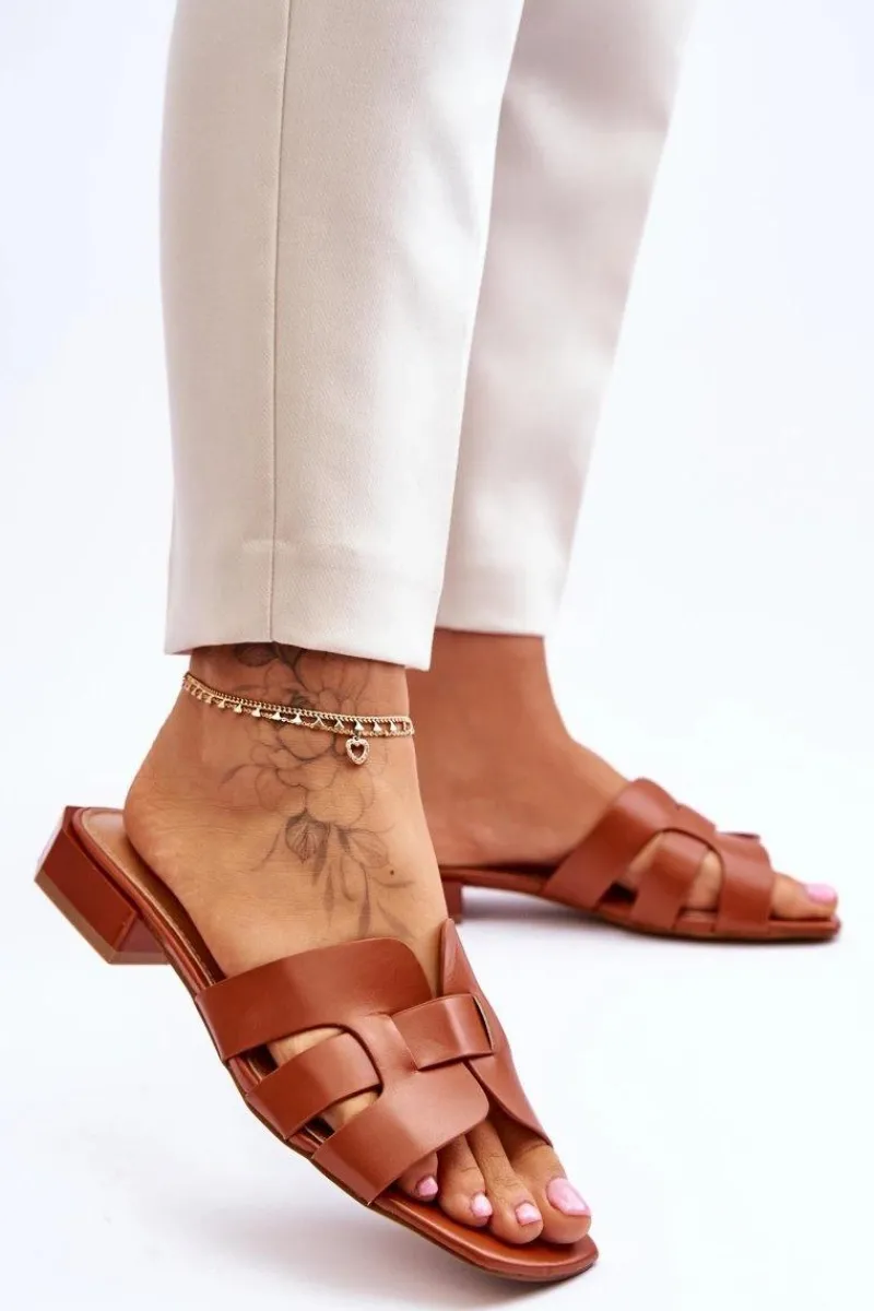 Klapki Damskie Klasyczne>Boto Klasyczne Skórzane Klapki Damskie Camel Fendy