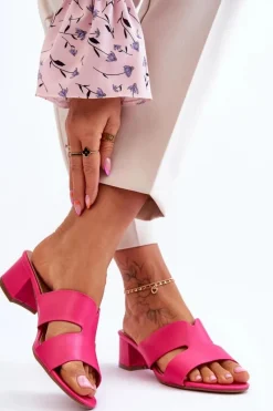 Hot Klasyczne Skórzane Klapki Na Niskim Obcasie Fuksja Miley Damskie Klapki Na Obcasie|Klapki Damskie Klasyczne