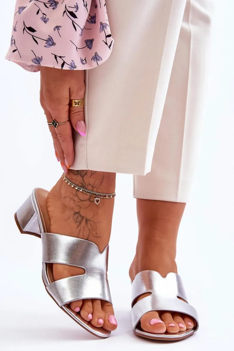 Klapki Na Obcasie|Klapki Damskie Klasyczne>Boto Klasyczne Skórzane Klapki Na Niskim Obcasie Srebrne Miley