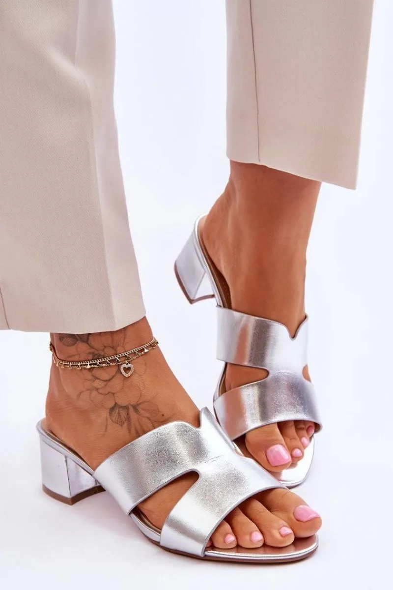 Klapki Na Obcasie|Klapki Damskie Klasyczne>Boto Klasyczne Skórzane Klapki Na Niskim Obcasie Srebrne Miley