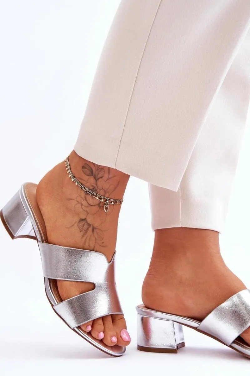 Klapki Na Obcasie|Klapki Damskie Klasyczne>Boto Klasyczne Skórzane Klapki Na Niskim Obcasie Srebrne Miley