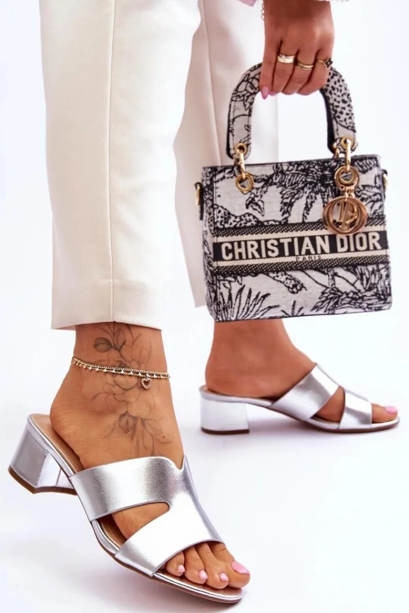 Klapki Na Obcasie|Klapki Damskie Klasyczne>Boto Klasyczne Skórzane Klapki Na Niskim Obcasie Srebrne Miley