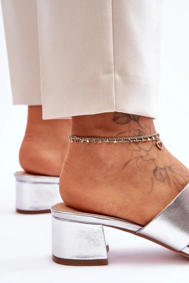 Klapki Na Obcasie|Klapki Damskie Klasyczne>Boto Klasyczne Skórzane Klapki Na Niskim Obcasie Srebrne Miley