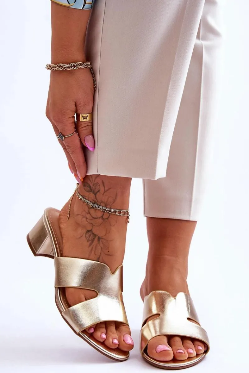 Clearance Klasyczne Skórzane Klapki Na Niskim Obcasie Złote Miley Damskie Klapki Na Obcasie|Klapki Damskie Klasyczne