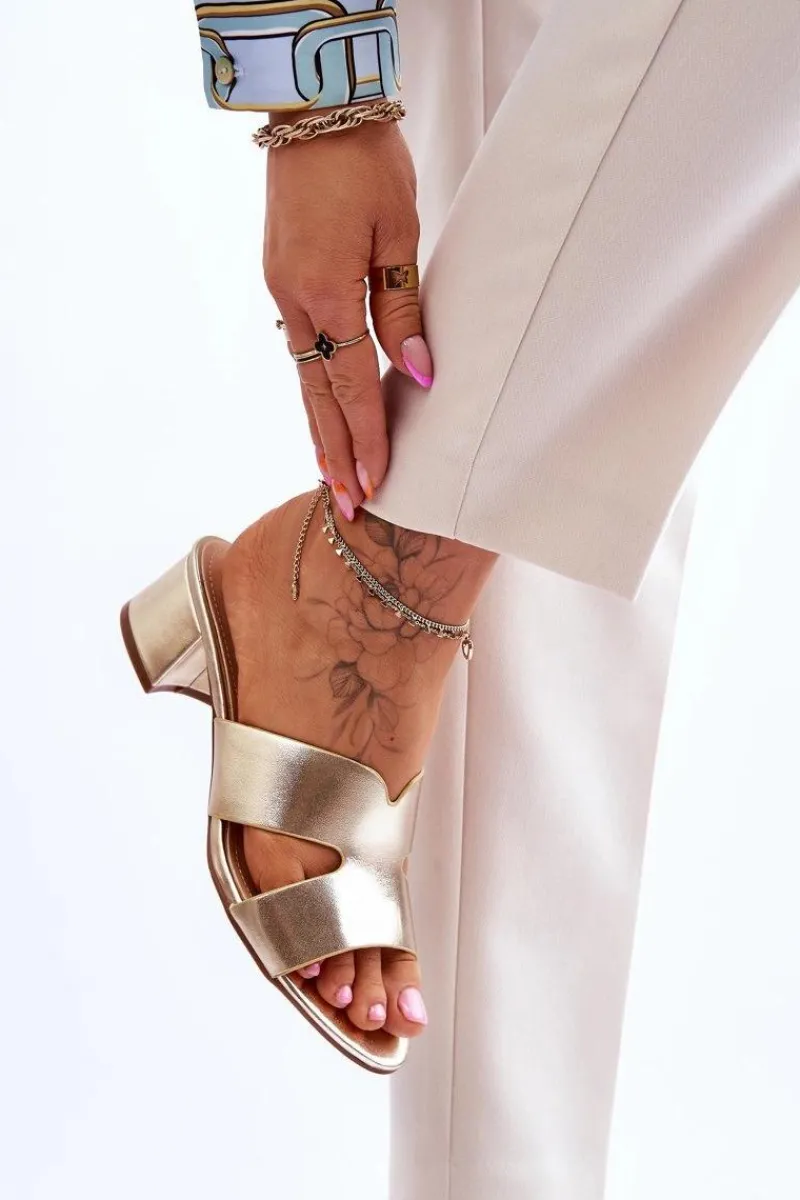 Clearance Klasyczne Skórzane Klapki Na Niskim Obcasie Złote Miley Damskie Klapki Na Obcasie|Klapki Damskie Klasyczne