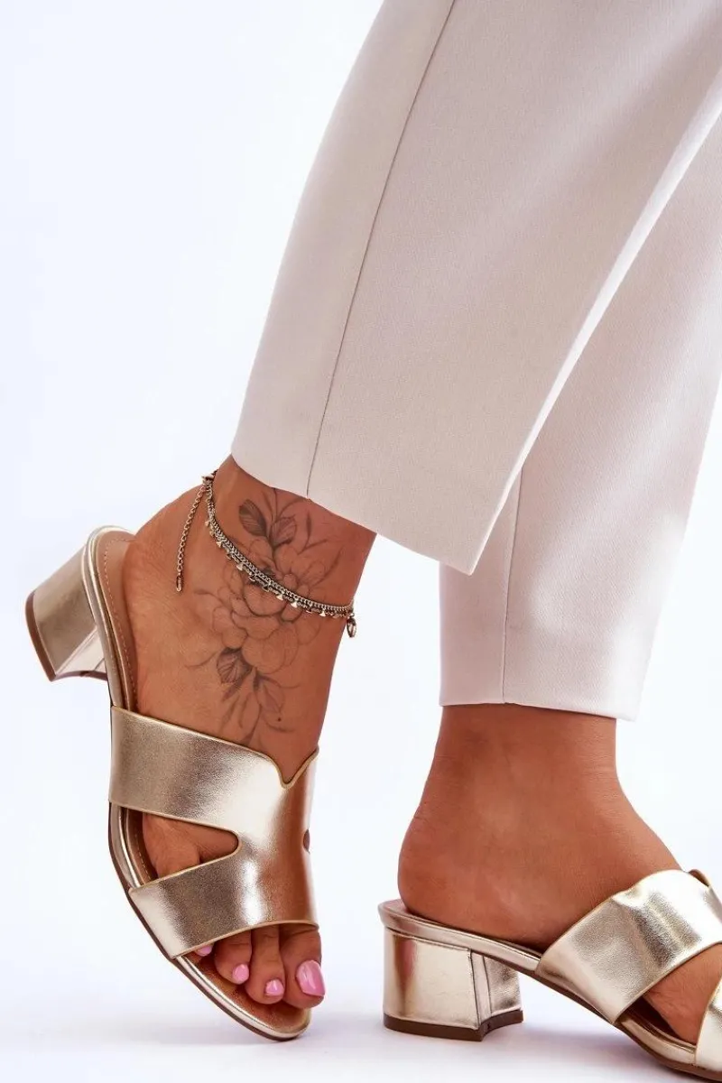 Clearance Klasyczne Skórzane Klapki Na Niskim Obcasie Złote Miley Damskie Klapki Na Obcasie|Klapki Damskie Klasyczne