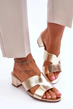 Clearance Klasyczne Skórzane Klapki Na Niskim Obcasie Złote Miley Damskie Klapki Na Obcasie|Klapki Damskie Klasyczne