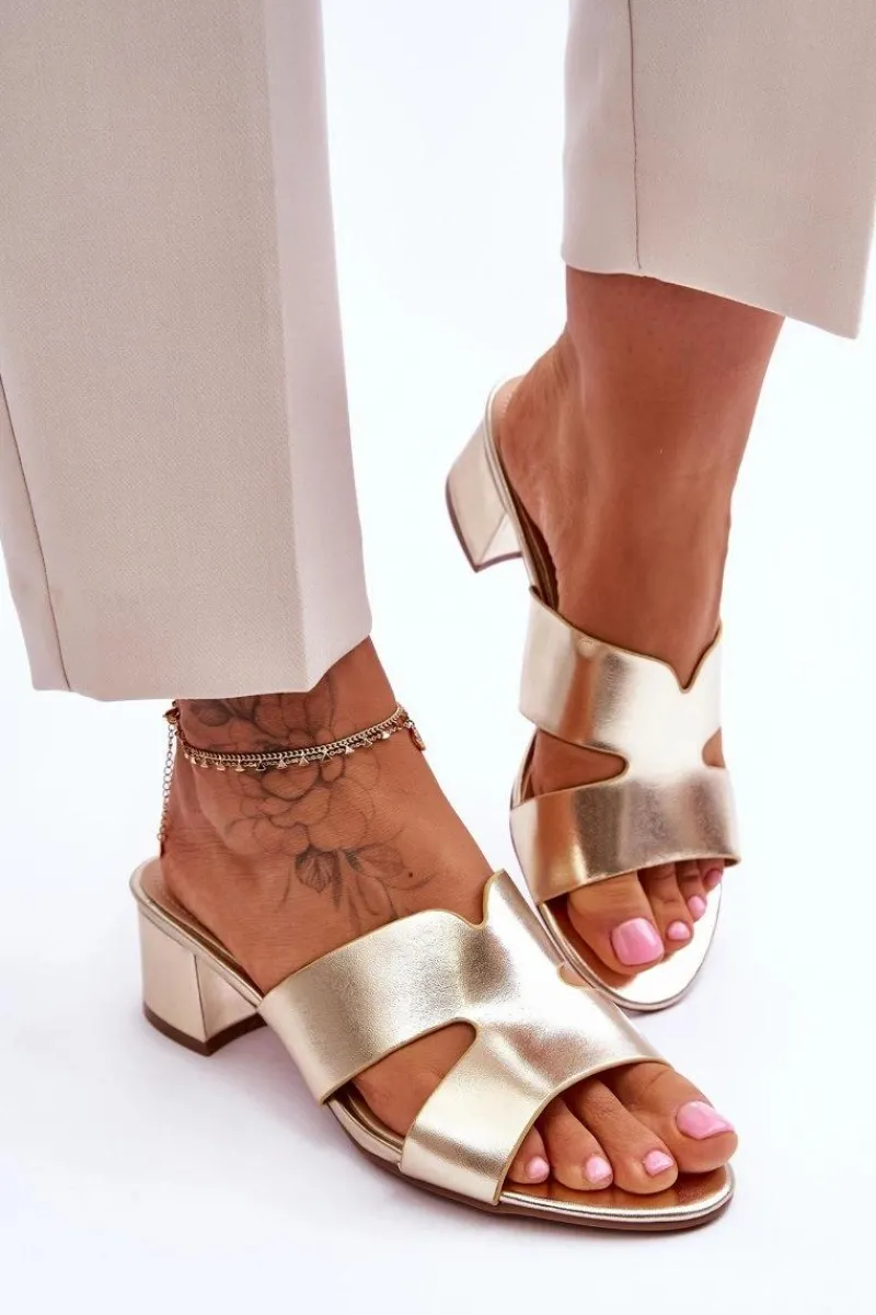 Clearance Klasyczne Skórzane Klapki Na Niskim Obcasie Złote Miley Damskie Klapki Na Obcasie|Klapki Damskie Klasyczne