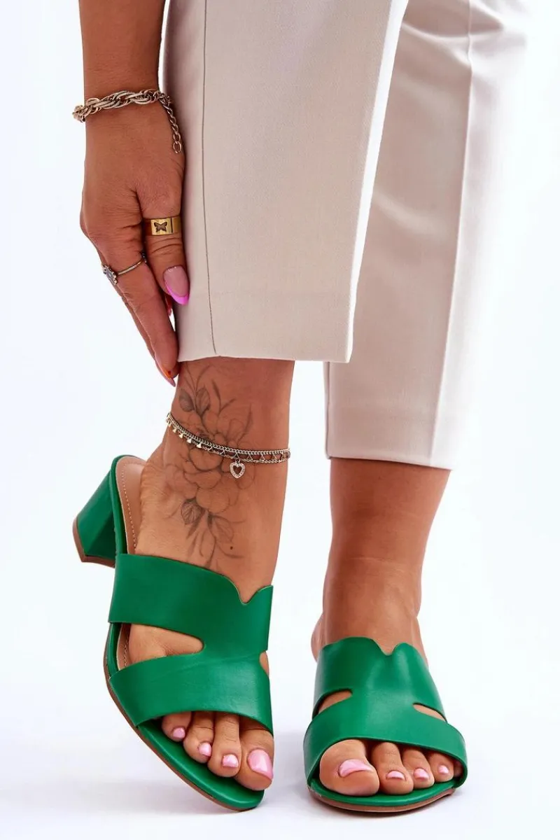 Klasyczne Skórzane Klapki Na Niskim Obcasie Zielone Miley Damskie Klapki Na Obcasie|Klapki Damskie Klasyczne