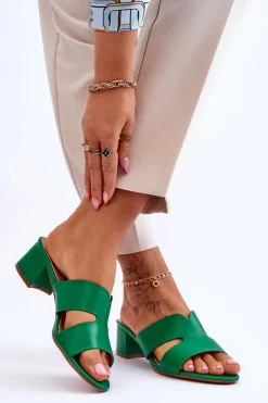 Klasyczne Skórzane Klapki Na Niskim Obcasie Zielone Miley Damskie Klapki Na Obcasie|Klapki Damskie Klasyczne