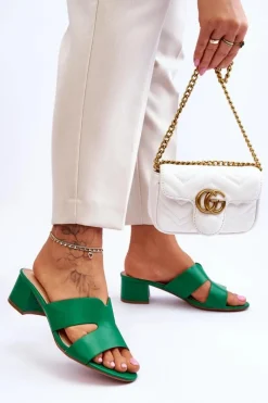 Klasyczne Skórzane Klapki Na Niskim Obcasie Zielone Miley Damskie Klapki Na Obcasie|Klapki Damskie Klasyczne