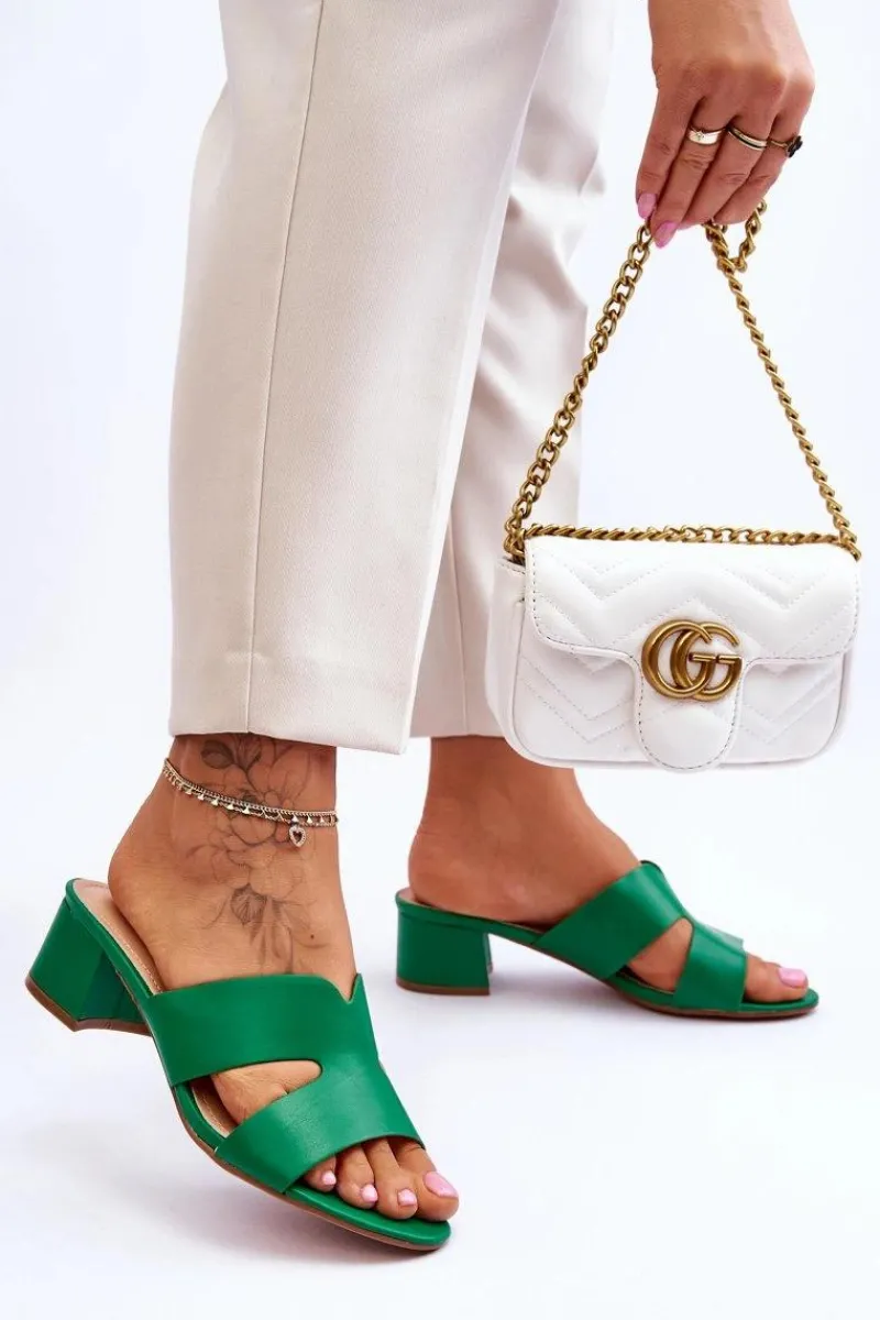 Klasyczne Skórzane Klapki Na Niskim Obcasie Zielone Miley Damskie Klapki Na Obcasie|Klapki Damskie Klasyczne