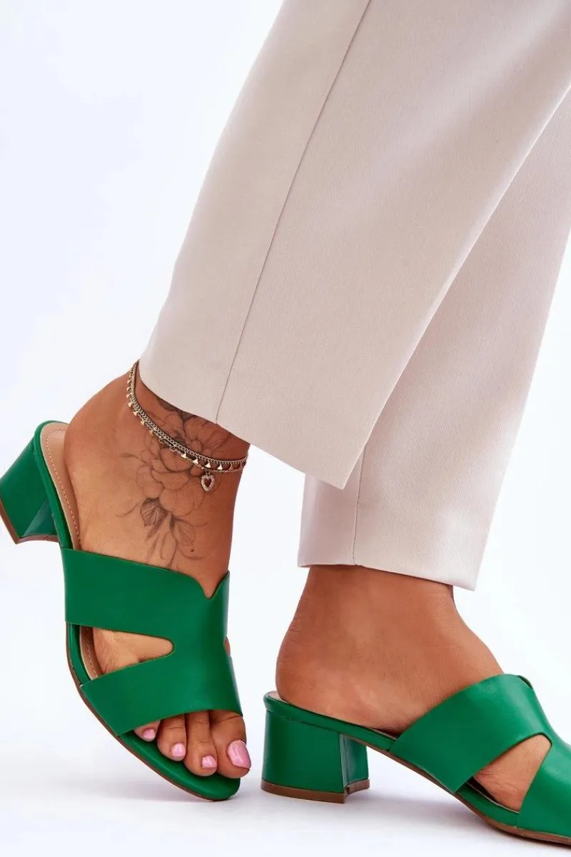 Klasyczne Skórzane Klapki Na Niskim Obcasie Zielone Miley Damskie Klapki Na Obcasie|Klapki Damskie Klasyczne