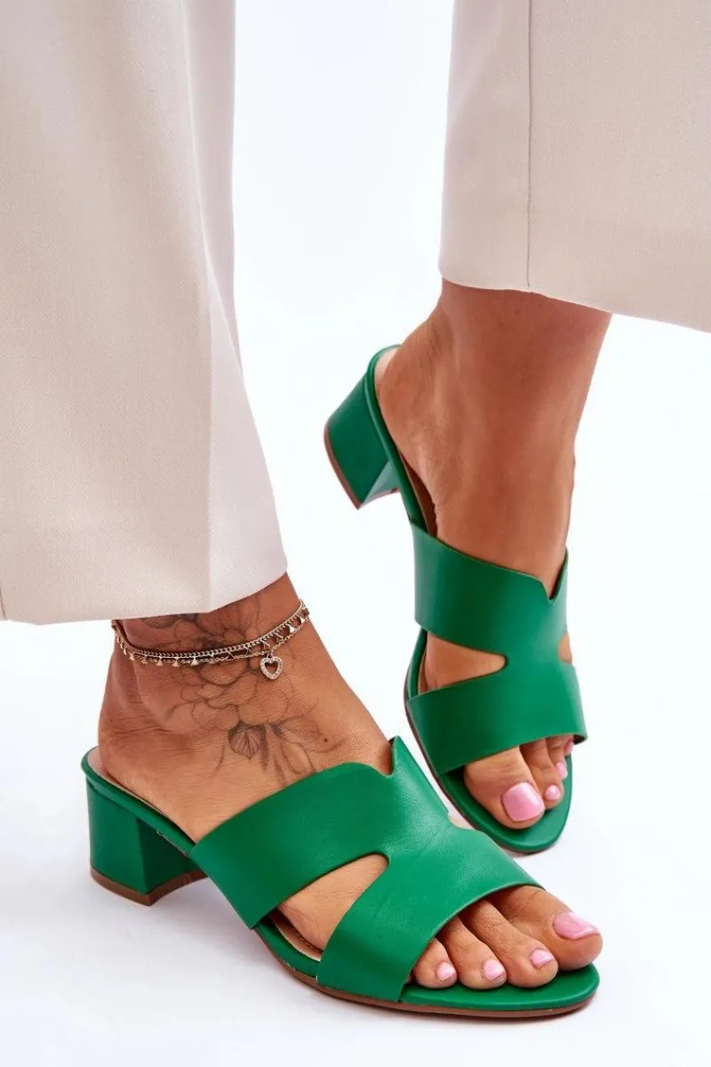 Klasyczne Skórzane Klapki Na Niskim Obcasie Zielone Miley Damskie Klapki Na Obcasie|Klapki Damskie Klasyczne