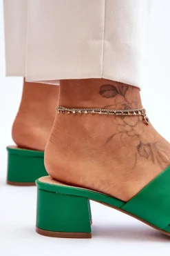 Klasyczne Skórzane Klapki Na Niskim Obcasie Zielone Miley Damskie Klapki Na Obcasie|Klapki Damskie Klasyczne