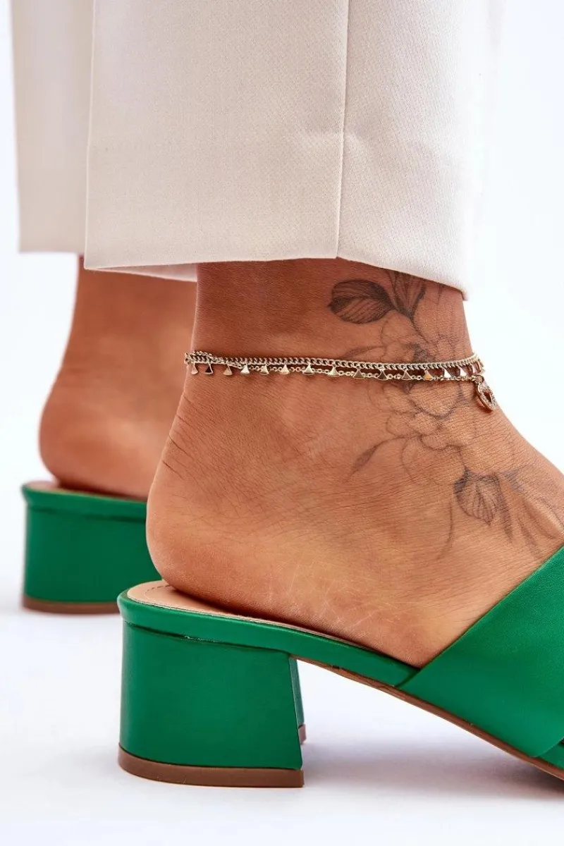 Klasyczne Skórzane Klapki Na Niskim Obcasie Zielone Miley Damskie Klapki Na Obcasie|Klapki Damskie Klasyczne