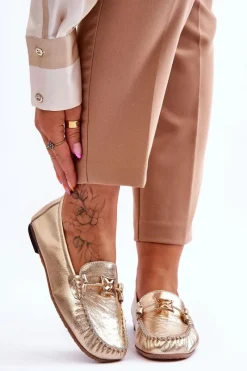 Mokasyny Damskie Skórzane>Laura Messi Klasyczne Skórzane Mokasyny Z Ozdobą 2459 Złote