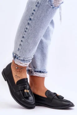 Mokasyny Damskie Skórzane>Boto Klasyczne Skórzane Mokasyny Z Frędzlami Czarne Camis