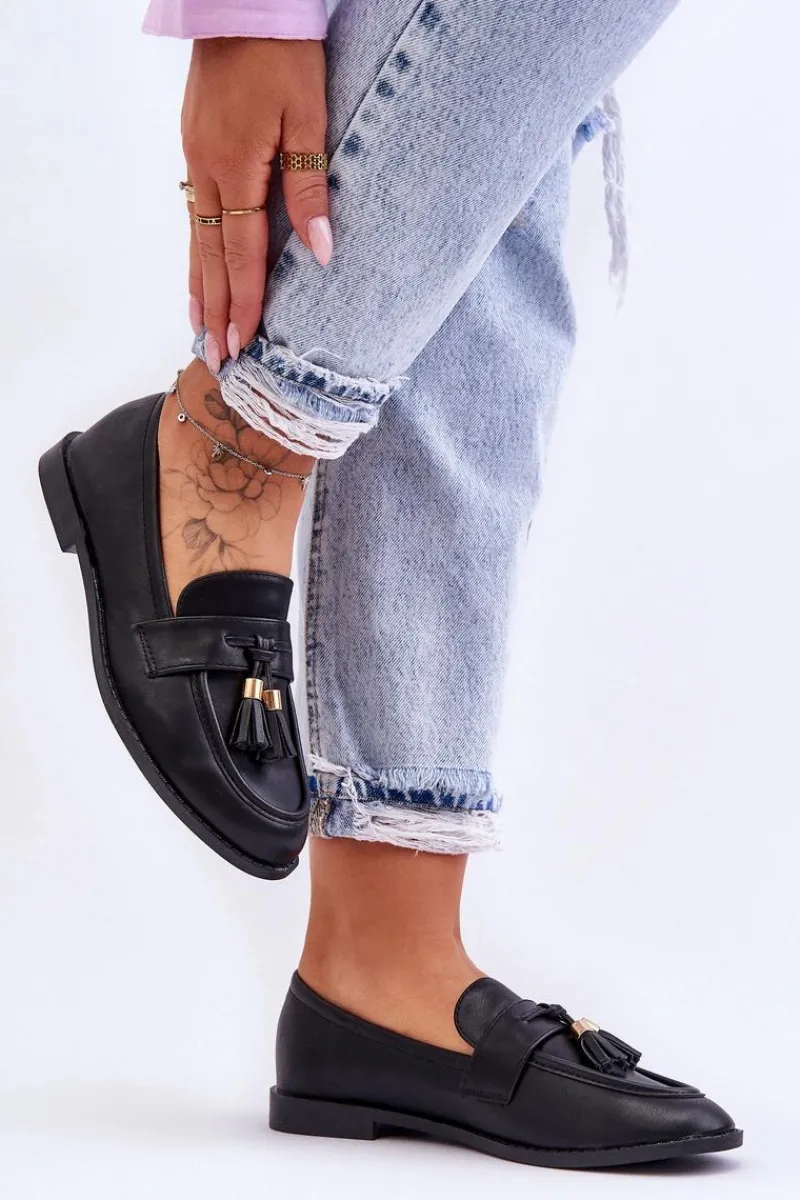 Mokasyny Damskie Skórzane>Boto Klasyczne Skórzane Mokasyny Z Frędzlami Czarne Camis